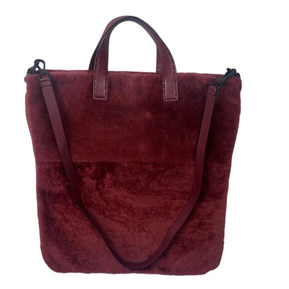 Falor Shearling Fur Tote Shopper Shoulder Bag Large Purse Leather Red - Picture 1 of 8